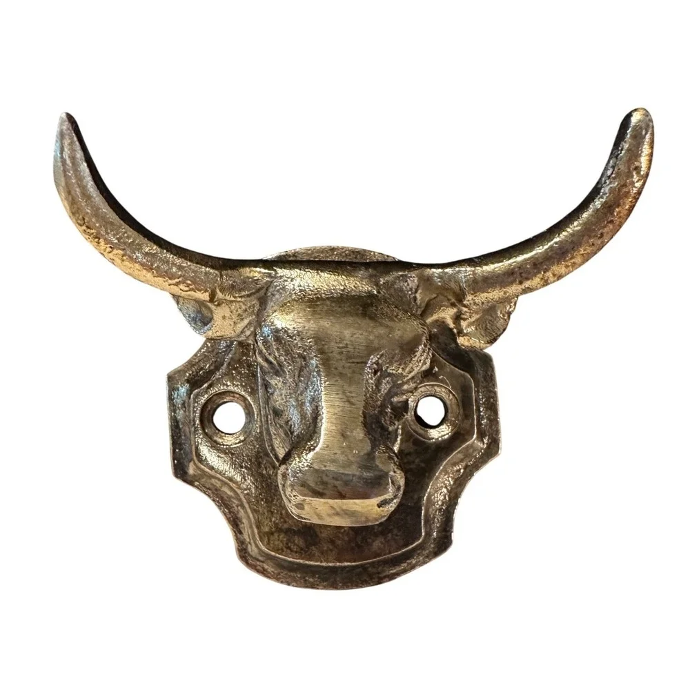 Vintage Style Cast Metal Bull Head Wall Hook Rustic Western Steer Brass Tone